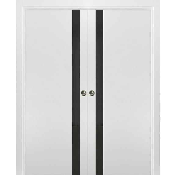 Sliding French Double Pocket Doors 36 x 96 inches | Planum 0040 White Silk with Black Glass | Kit Trims Rail Hardware | Solid Wood Interior Bedroom Sturdy Doors