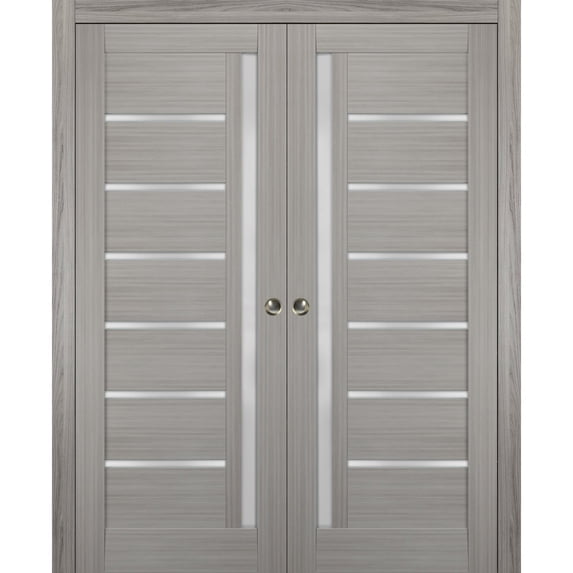Sliding French Double Pocket Doors 48 x 80 inches Frosted Glass | Quadro 4088 Grey Ash | Kit Trims Rail Hardware | Solid Wood Interior Bedroom Sturdy Doors