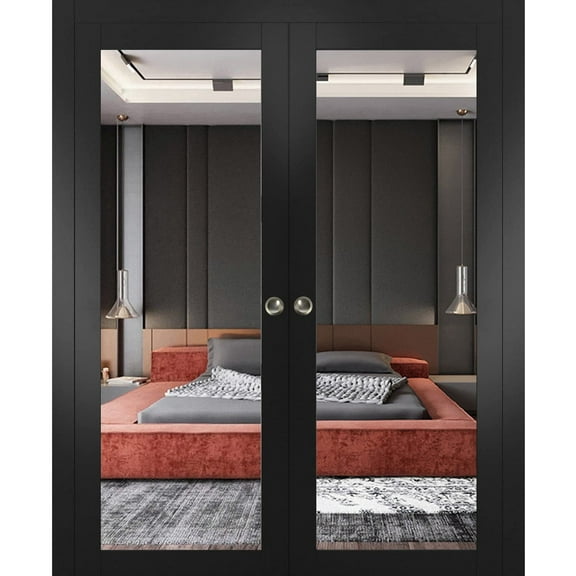 Sliding French Double Pocket Doors 48 x 80 inches | Lucia 1299 Matte Black with Mirror | Kit Trims Rail Hardware | Solid Wood Interior Bedroom Sturdy Doors