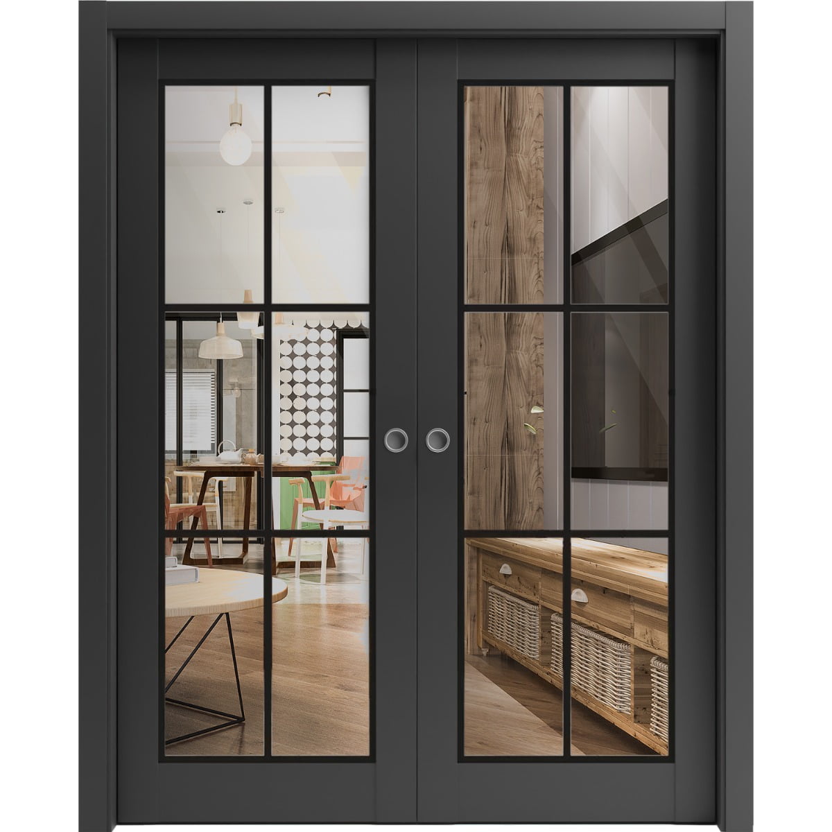 Sliding French Double Pocket Doors 48 x 80 inches | Lucia 2366 Matte Black Clear Glass | Kit Trims Rail Hardware | Solid Wood Interior Bedroom Sturdy Doors