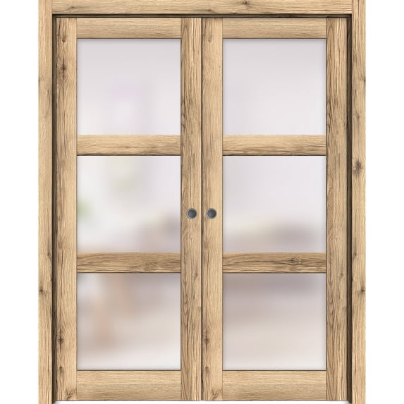 Sliding French Double Pocket Doors 48 x 80 inches | Lucia 2552 Oak | Kit Trims Rail Hardware | Solid Wood Interior Bedroom Sturdy Doors
