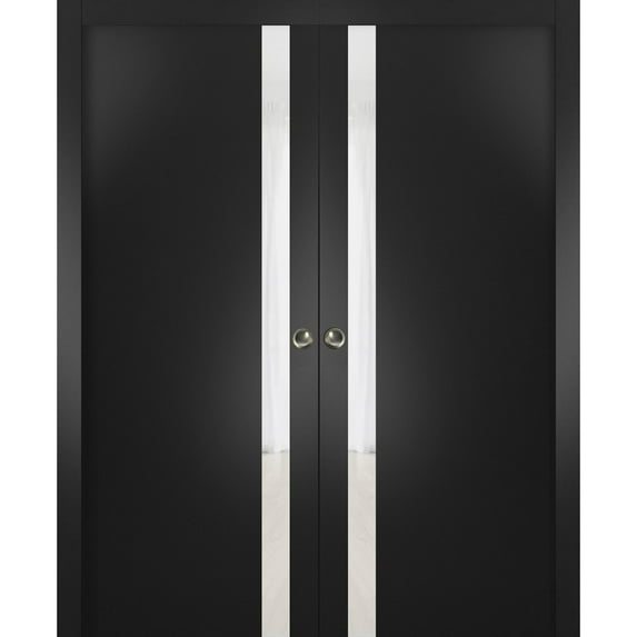 Sliding French Double Pocket Doors 48 x 80 inches | Planum 0040 Matte Black with White Glass | Kit Trims Rail Hardware | Solid Wood Interior Bedroom Sturdy Doors