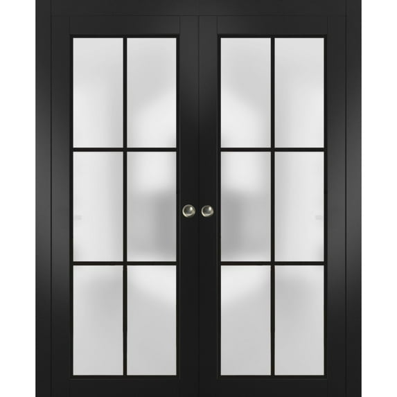Sliding French Double Pocket Doors 48 x 80 inches | Planum 2122 Matte Black Frosted Glass | Kit Trims Rail Hardware | Solid Wood Interior Bedroom Sturdy Doors