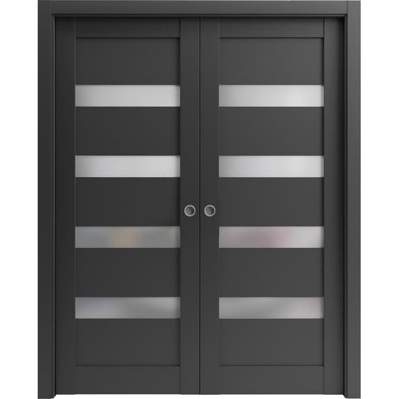 Sliding French Double Pocket Doors 48 x 80 inches | Quadro 4113 Matte Black Frosted Glass | Kit Trims Rail Hardware | Solid Wood Interior Bedroom Sturdy Doors