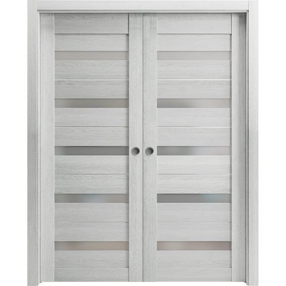 Sliding French Double Pocket Doors 48 x 80 inches | Quadro 4445 Light Grey Oak with Frosted Glass | Kit Trims Rail Hardware | Solid Wood Interior Bedroom Sturdy Doors