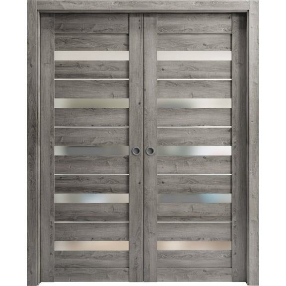 Sliding French Double Pocket Doors 48 x 80 inches | Quadro 4445 Nebraska Grey with Frosted Glass | Kit Trims Rail Hardware | Solid Wood Interior Bedroom Sturdy Doors