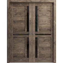 Sliding French Double Pocket Doors 48 x 80 inches | Veregio 7588 Cognac Oak with Black Glass | Kit Trims Rail Hardware | Solid Wood Interior Bedroom Sturdy Doors