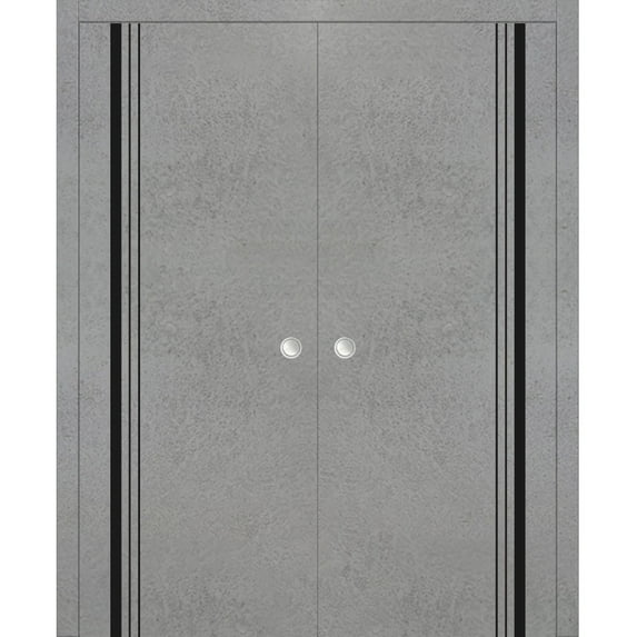 Sliding French Double Pocket Doors 48 x 84 inches | Planum 0011 Concrete with Frosted Glass | Kit Trims Rail Hardware | Solid Wood Interior Bedroom Sturdy Doors