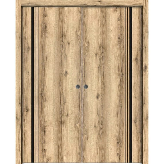 Sliding French Double Pocket Doors 48 x 84 inches | Planum 0011 Oak with Frosted Glass | Kit Trims Rail Hardware | Solid Wood Interior Bedroom Sturdy Doors