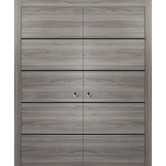 Sliding French Double Pocket Doors 48 x 84 inches | Planum 0015 Ginger Ash with Frosted Glass | Kit Trims Rail Hardware | Solid Wood Interior Bedroom Sturdy Doors