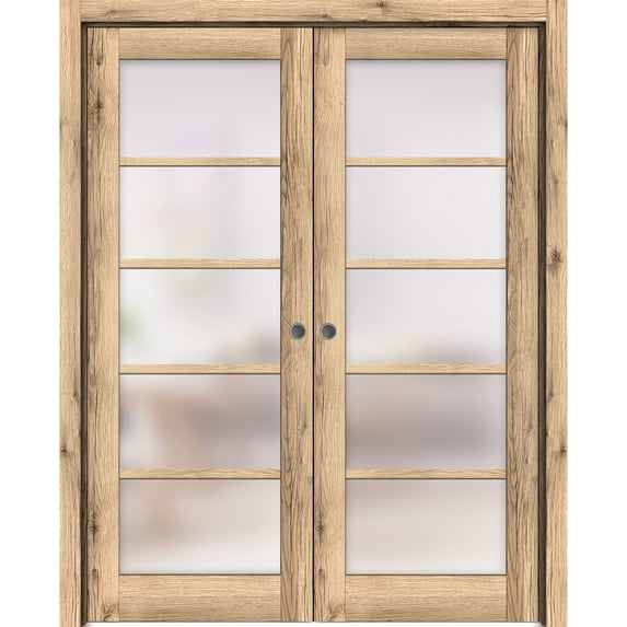 Sliding French Double Pocket Doors 48 x 84 inches | Quadro 4002 Oak | Kit Trims Rail Hardware | Solid Wood Interior Bedroom Sturdy Doors
