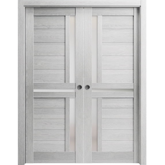 Sliding French Double Pocket Doors 48 x 84 inches | Veregio 7288 Light Grey Oak with Frosted Glass | Kit Trims Rail Hardware | Solid Wood Interior Bedroom Sturdy Doors