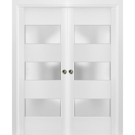 Sliding French Double Pocket Doors 48 x 96 inches Frosted Glass 3 Lites| Lucia 4070 White Silk | Kit Trims Rail Hardware | Solid Wood Interior Bedroom Sturdy Doors