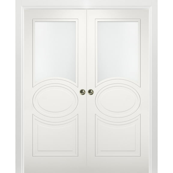 Sliding French Double Pocket Doors 48 x 96 inches Opaque Glass / Mela 7012 Matte White / Kit Rail Hardware / MDF Interior Bedroom Modern Doors