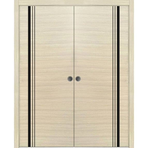 Sliding French Double Pocket Doors 48 x 96 inches | Planum 0011 Natural Veneer with Frosted Glass | Kit Trims Rail Hardware | Solid Wood Interior Bedroom Sturdy Doors