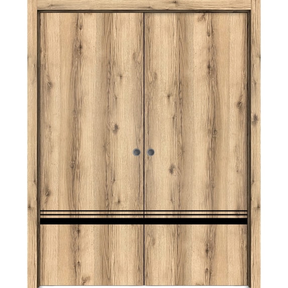 Sliding French Double Pocket Doors 48 x 96 inches | Planum 0012 Oak with Frosted Glass | Kit Trims Rail Hardware | Solid Wood Interior Bedroom Sturdy Doors