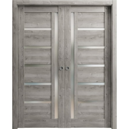 Sliding French Double Pocket Doors 48 x 96 inches | Quadro 4088 Nebraska Grey with Frosted Glass | Kit Trims Rail Hardware | Solid Wood Interior Bedroom Sturdy Doors