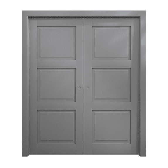 Sliding French Double Pocket Doors 56 x 80 inches | Ego 5010 Painted Grey Oak | Kit Rail Hardware | Solid Wood Interior Bedroom Modern Doors