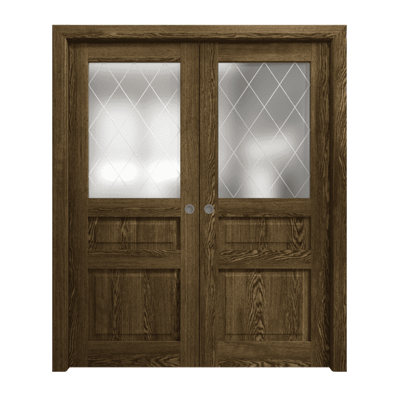 Sliding French Double Pocket Doors 56 x 80 inches | Ego 5011 Marble Oak | Kit Rail Hardware | Solid Wood Interior Bedroom Modern Doors