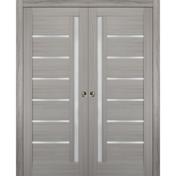 Sliding French Double Pocket Doors 56 x 80 inches Frosted Glass | Quadro 4088 Grey Ash | Kit Trims Rail Hardware | Solid Wood Interior Bedroom Sturdy Doors