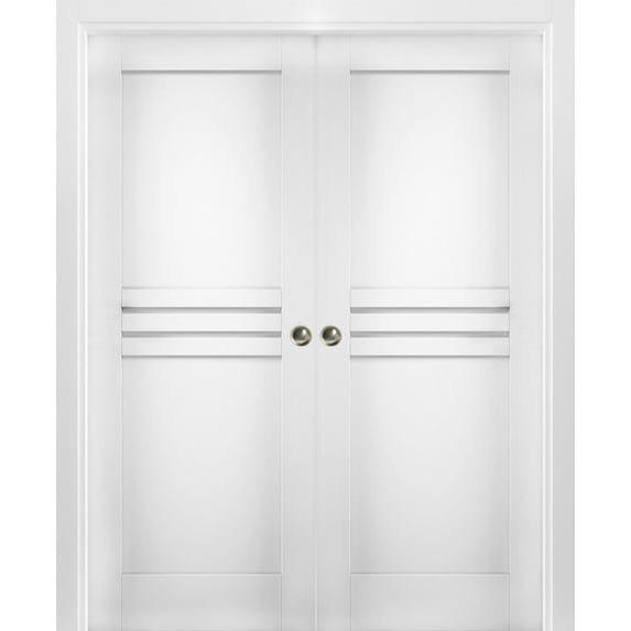 Sliding French Double Pocket Doors 56 x 80 inches / Mela 7444 White Silk / Kit Rail Hardware / MDF Interior Bedroom Modern Doors
