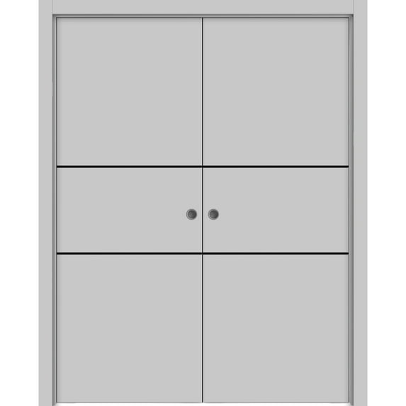 Sliding French Double Pocket Doors 56 x 80 inches | Planum 0014 Grey Ash with Frosted Glass | Kit Trims Rail Hardware | Solid Wood Interior Bedroom Sturdy Doors