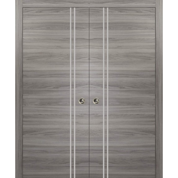 Sliding French Double Pocket Doors 56 x 80 inches | Planum 0310 Ginger Ash with Frosted Glass | Kit Trims Rail Hardware | Solid Wood Interior Bedroom Sturdy Doors