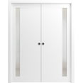thumbnail image 1 of Sliding French Double Pocket Doors 56 x 80 inches | Planum 0660 Painted White with Frosted Glass | Kit Trims Rail Hardware | Solid Wood Interior Bedroom Sturdy Doors, 1 of 5