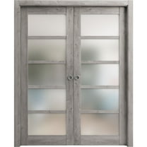 Sliding French Double Pocket Doors 56 x 80 inches | Quadro 4002 Nebraska Grey with Frosted Glass | Kit Trims Rail Hardware | Solid Wood Interior Bedroom Sturdy Doors