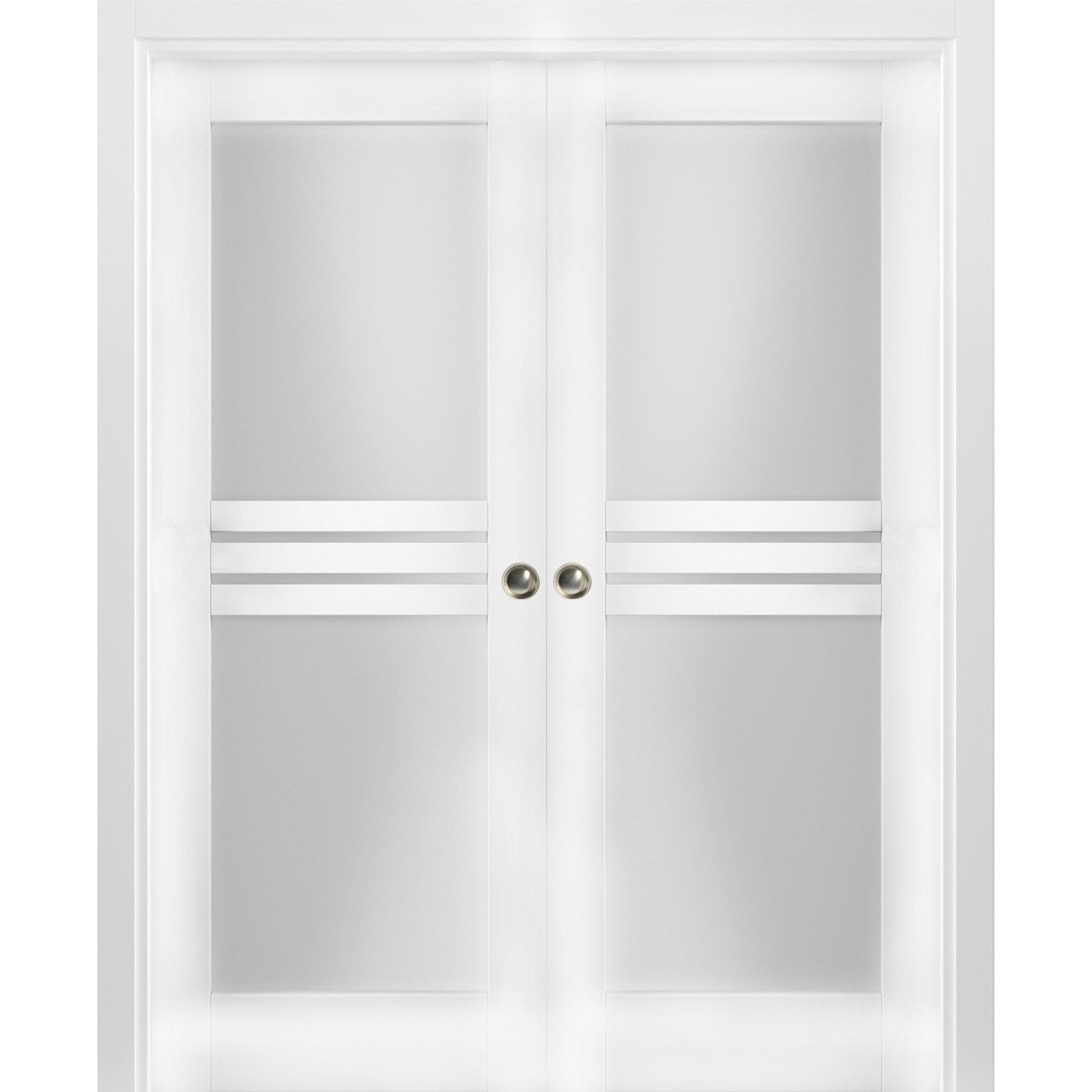 Sliding French Double Pocket Doors 56 x 84 inches Opaque Glass 4 Lites / Mela 7222 White Silk / Kit Rail Hardware / MDF Interior Bedroom Modern Doors