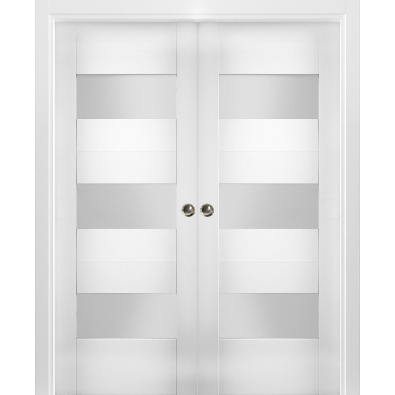 Sliding French Double Pocket Doors 56 x 84 inches Opaque Glass / Sete 6003 White Silk / Kit Rail Hardware / MDF Interior Bedroom Modern Doors