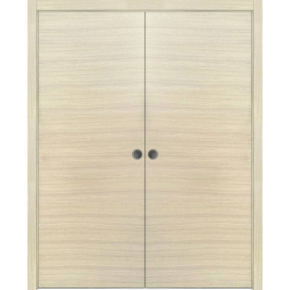 Sliding French Double Pocket Doors 56 x 84 inches | Planum 0010 Natural Veneer | Kit Trims Rail Hardware | Solid Wood Interior Bedroom Sturdy Doors