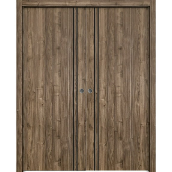 Sliding French Double Pocket Doors 56 x 84 inches | Planum 0016 Walnut with Frosted Glass | Kit Trims Rail Hardware | Solid Wood Interior Bedroom Sturdy Doors
