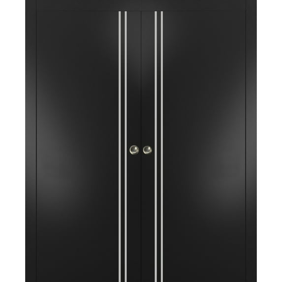 Sliding French Double Pocket Doors 56 x 84 inches | Planum 0310 Matte Black with Frosted Glass | Kit Trims Rail Hardware | Solid Wood Interior Bedroom Sturdy Doors