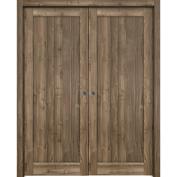 Sliding French Double Pocket Doors 56 x 84 inches | Quadro 4111 Walnut | Kit Trims Rail Hardware | Solid Wood Interior Bedroom Sturdy Doors