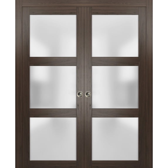 Sliding French Double Pocket Doors 56 x 96 inches Frosted Glass | Lucia 2552 Chocolate Ash | Kit Trims Rail Hardware | Solid Wood Interior Bedroom Sturdy Doors