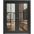 thumbnail image 1 of Sliding French Double Pocket Doors 56 x 96 inches | Lucia 2366 Matte Black Clear Glass | Kit Trims Rail Hardware | Solid Wood Interior Bedroom Sturdy Doors, 1 of 6