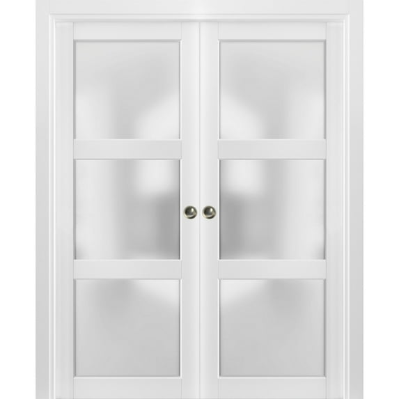 Sliding French Double Pocket Doors 60 x 80 inches Frosted Glass 3 Lites