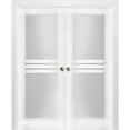 thumbnail image 1 of Sliding French Double Pocket Doors 60 x 80 inches Opaque Glass 4 Lites / Mela 7222 White Silk / Kit Rail Hardware / MDF Interior Bedroom Modern Doors, 1 of 6