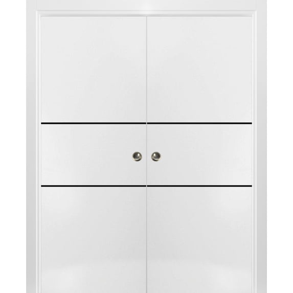 Sliding French Double Pocket Doors 60 x 80 inches | Planum 0014 White Silk with Frosted Glass | Kit Trims Rail Hardware | Solid Wood Interior Bedroom Sturdy Doors