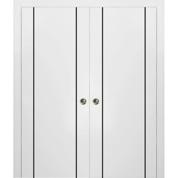 Sliding French Double Pocket Doors 60 x 80 inches | Planum 0016 White Silk with Frosted Glass | Kit Trims Rail Hardware | Solid Wood Interior Bedroom Sturdy Doors