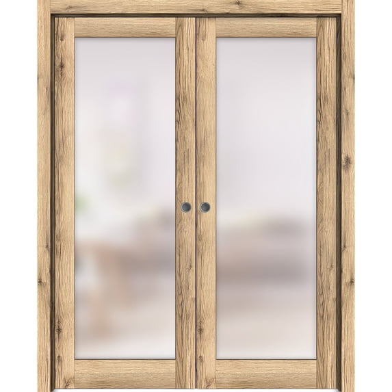 Sliding French Double Pocket Doors 60 x 80 inches | Planum 2102 Oak | Kit Trims Rail Hardware | Solid Wood Interior Bedroom Sturdy Doors