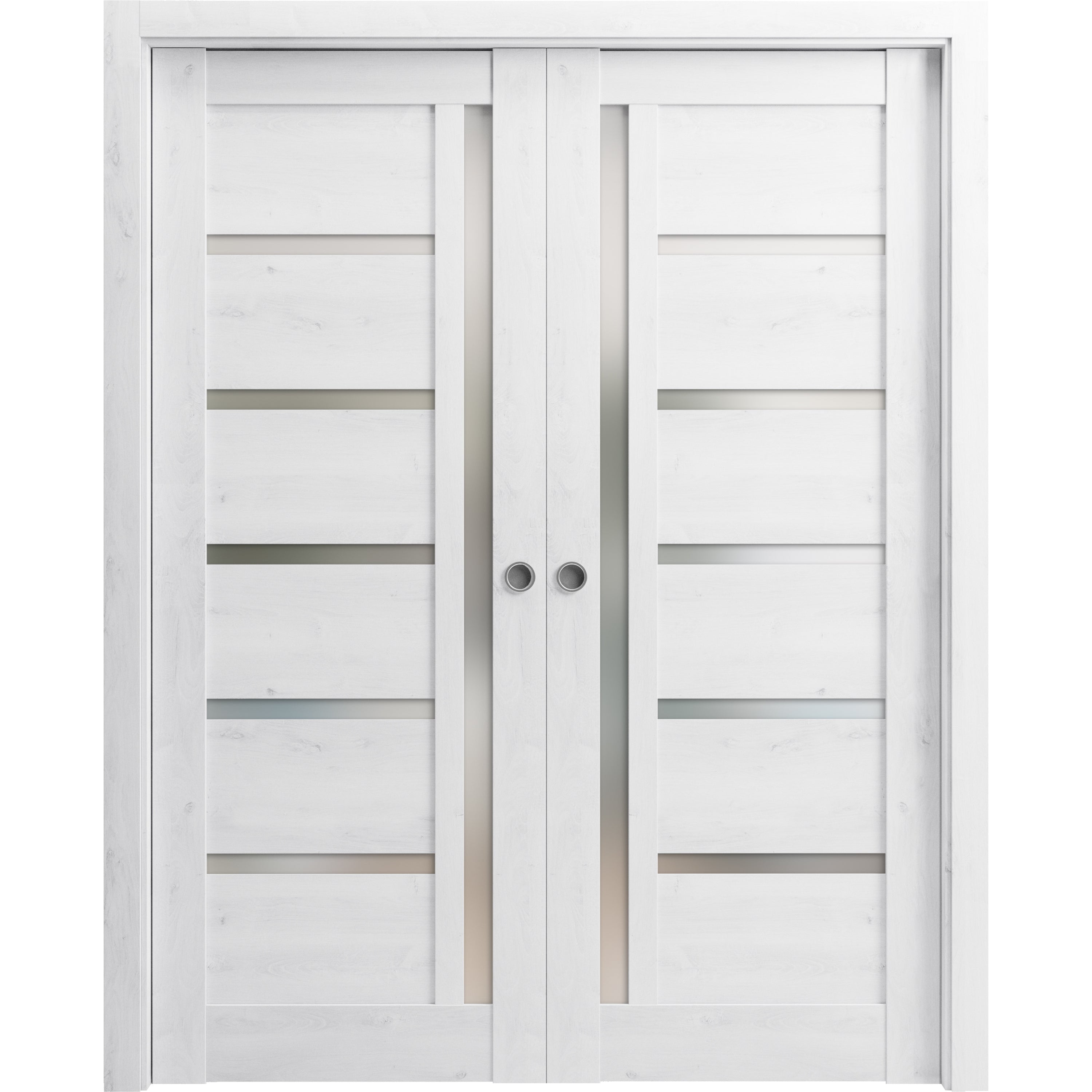 Sliding French Double Pocket Doors 60 x 80 inches | Quadro 4088 Nordic White with Frosted Glass | Kit Trims Rail Hardware | Solid Wood Interior Bedroom Sturdy Doors