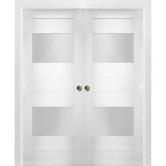 Sliding French Double Pocket Doors 60 x 84 inches Opaque Glass 2 Lites / Sete 6222 White Silk / Kit Rail Hardware / MDF Interior Bedroom Modern Doors