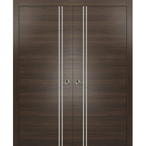 Sliding French Double Pocket Doors 60 x 84 inches | Planum 0310 Chocolate Ash with Frosted Glass | Kit Trims Rail Hardware | Solid Wood Interior Bedroom Sturdy Doors