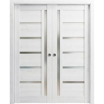 Sliding French Double Pocket Doors 60 x 84 inches | Quadro 4088 Nordic White with Frosted Glass | Kit Trims Rail Hardware | Solid Wood Interior Bedroom Sturdy Doors