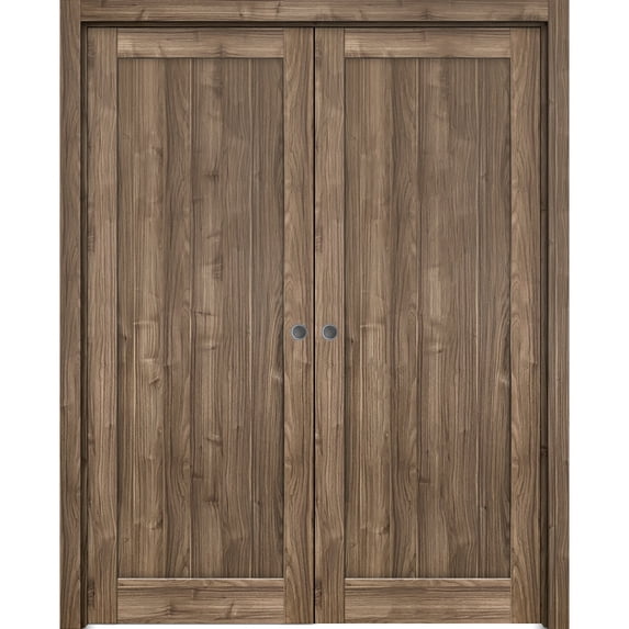 Sliding French Double Pocket Doors 60 x 84 inches | Quadro 4111 Walnut | Kit Trims Rail Hardware | Solid Wood Interior Bedroom Sturdy Doors