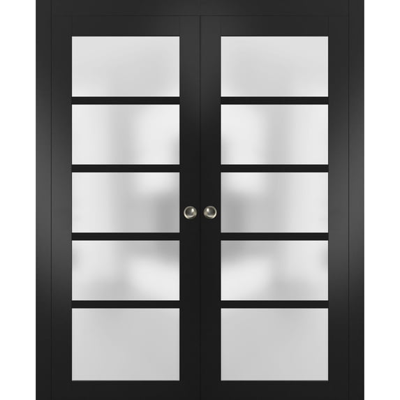 Sliding French Double Pocket Doors 60 x 96 inches Frosted Glass | Quadro 4002 Matte Black | Kit Trims Rail Hardware | Solid Wood Interior Bedroom Sturdy Doors