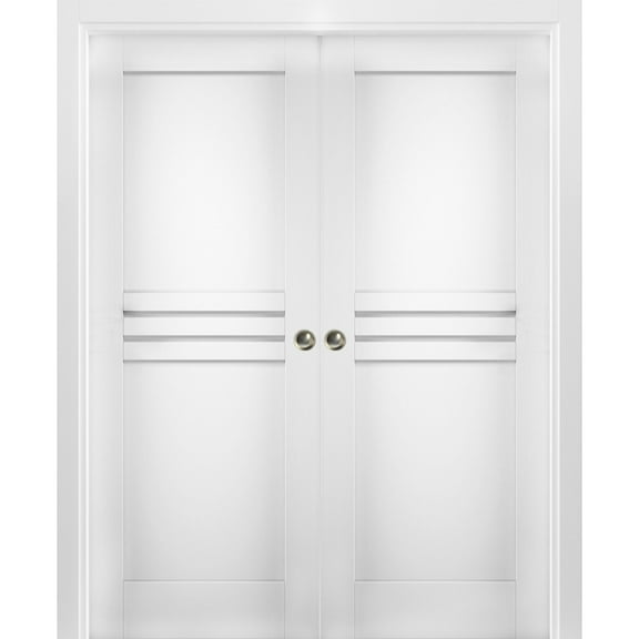 Sliding French Double Pocket Doors 60 x 96 inches / Mela 7444 White Silk / Kit Rail Hardware / MDF Interior Bedroom Modern Doors