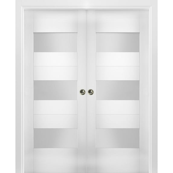 Sliding French Double Pocket Doors 60 x 96 inches Opaque Glass / Sete 6003 White Silk / Kit Rail Hardware / MDF Interior Bedroom Modern Doors
